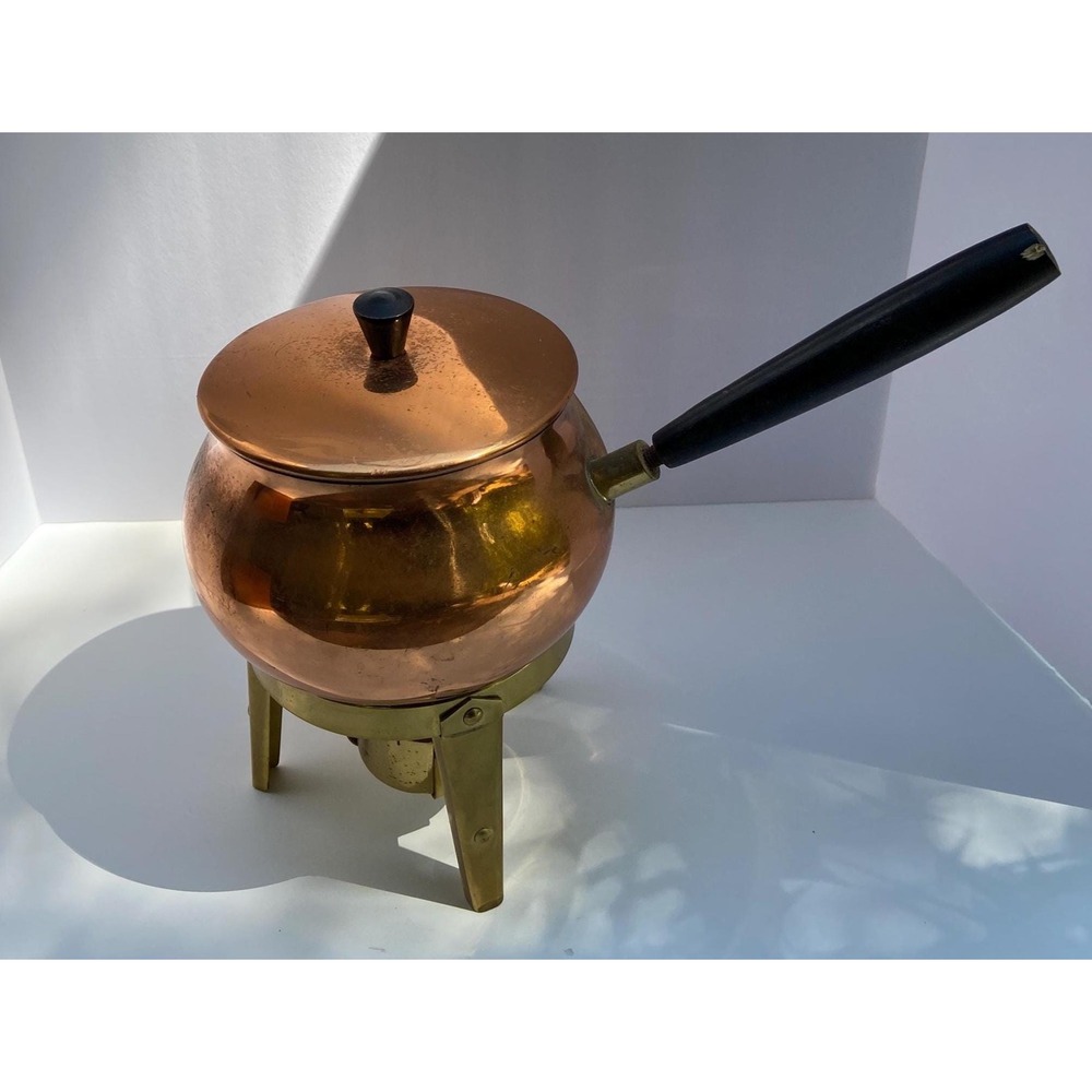 Copper & Brass Vintage Fondue Boiler Pot With Stand & Candle Holder